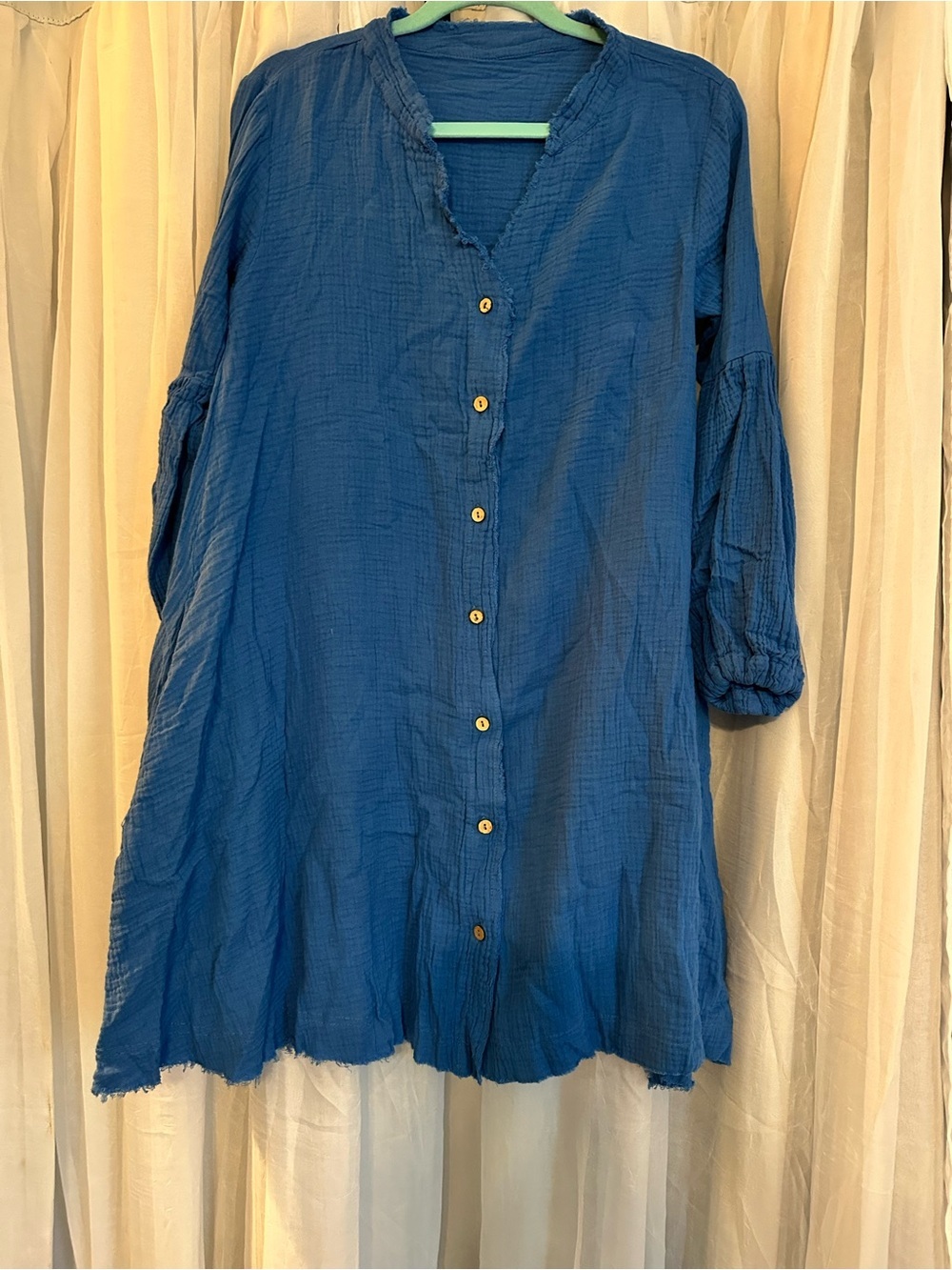 Amazon Blue A Line Button Up Dress with Raw Hem and Stitching with Pockets
